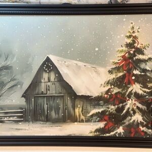 Winter Barn Christmas Tree Landscape Wonderland Vintage Style Art Print 8x10